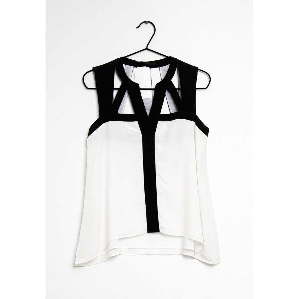 BCBGMAXAZRIA Sleeveless top with halter collar geometric slits 100% Silk  Size S